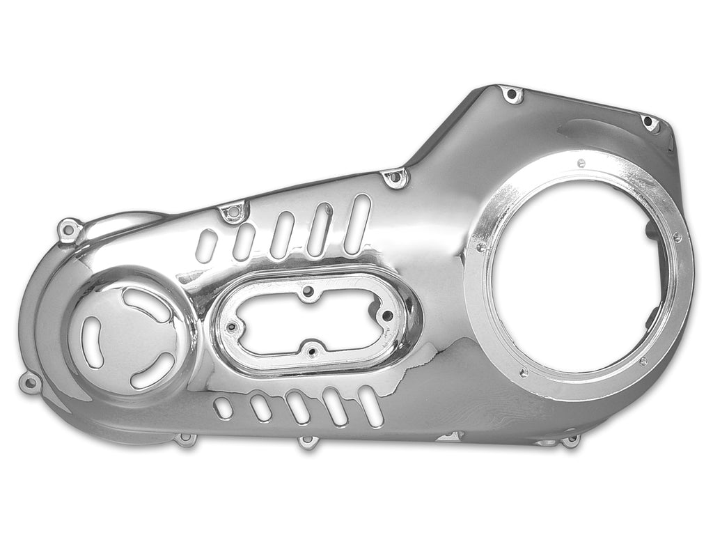 Motorshop Factory Sample Vented Chrome Outer Primary Cover for drive line, demonstrating polished chrome finish and vented design.