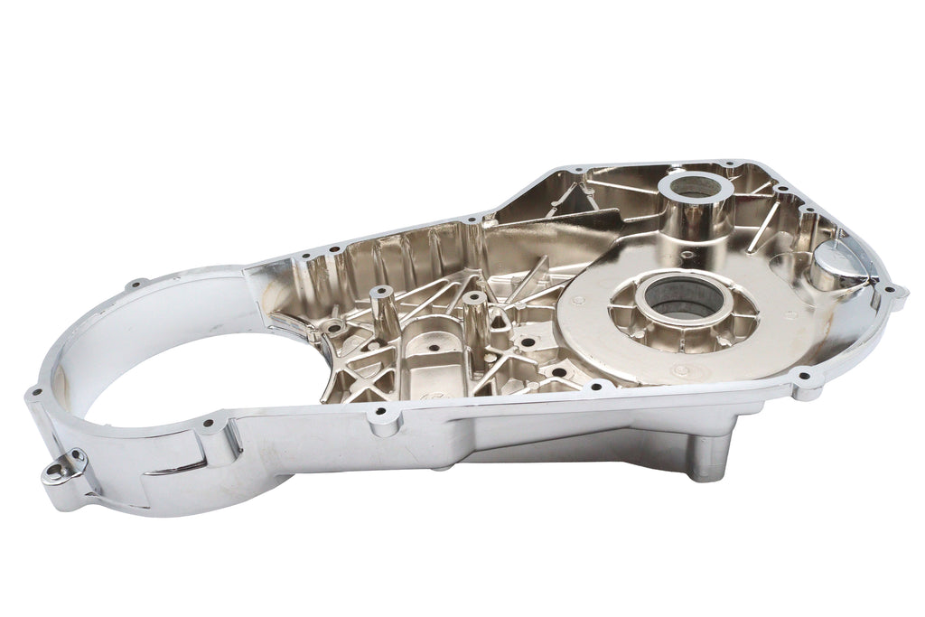Chrome inner primary cover for motorcycle drive line by Motorshop, factory sample, with a sleek, polished finish.