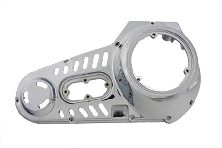 V-Twin chrome outer primary cover for V-Twin factory sample drive line, featuring polished finish and detailed design.
