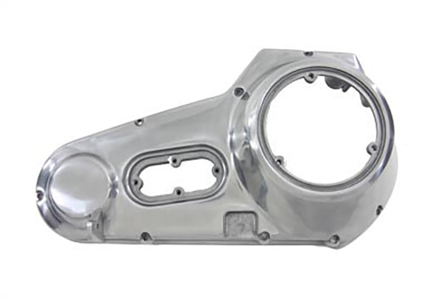 Polished V-Twin Factory Sample Outer Primary Cover for V-Twin drive line, showcasing a shiny, detailed motorcycle primary cover.