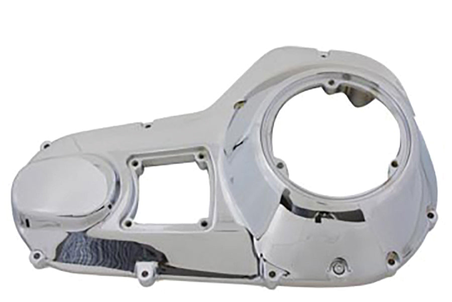 V-Twin factory sample chrome outer primary cover for drive line, showcasing polished chrome finish and detailed design.