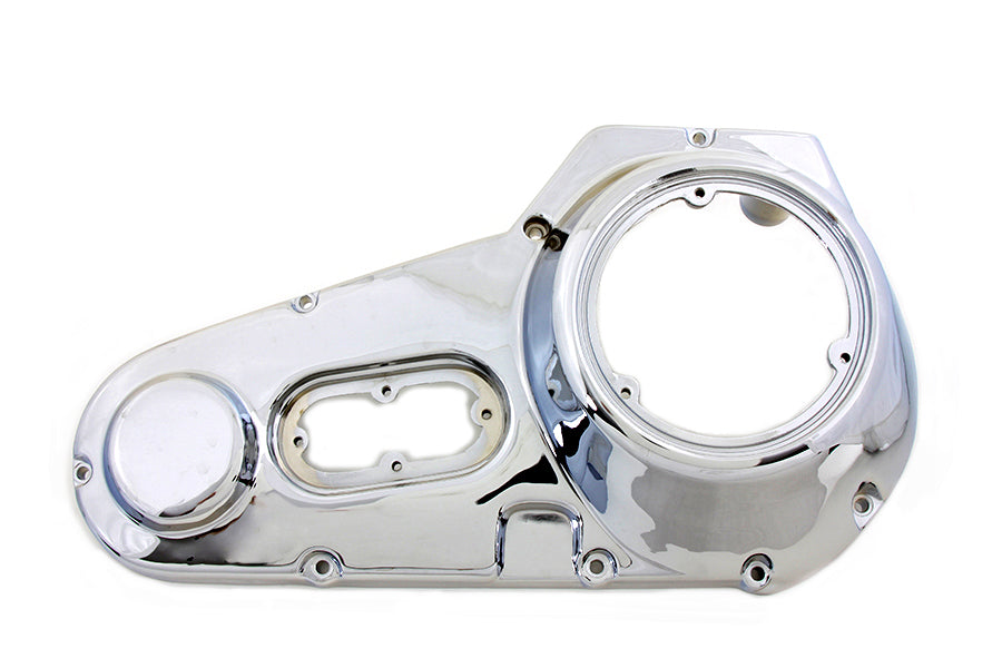Chrome outer primary cover for motorcycle drive line by Motorshop, factory sample with reflective chrome finish.