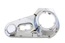 Load image into Gallery viewer, Chrome outer primary cover for motorcycle drive line by Motorshop, factory sample with reflective chrome finish.
