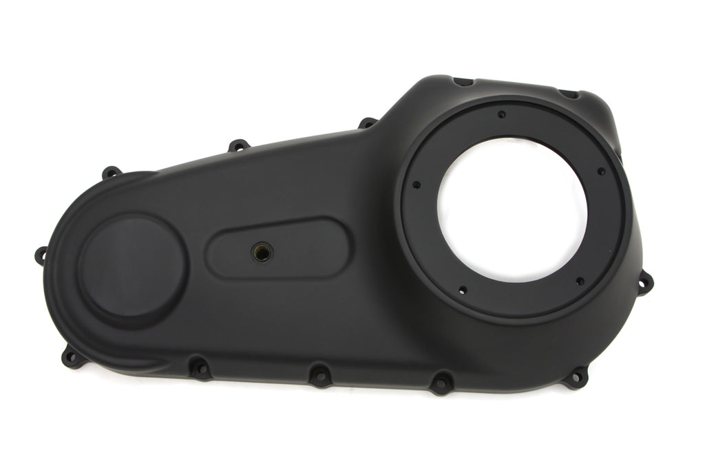 Black MotorShop factory sample outer primary cover for drive line applications, showcasing a sleek black finish.