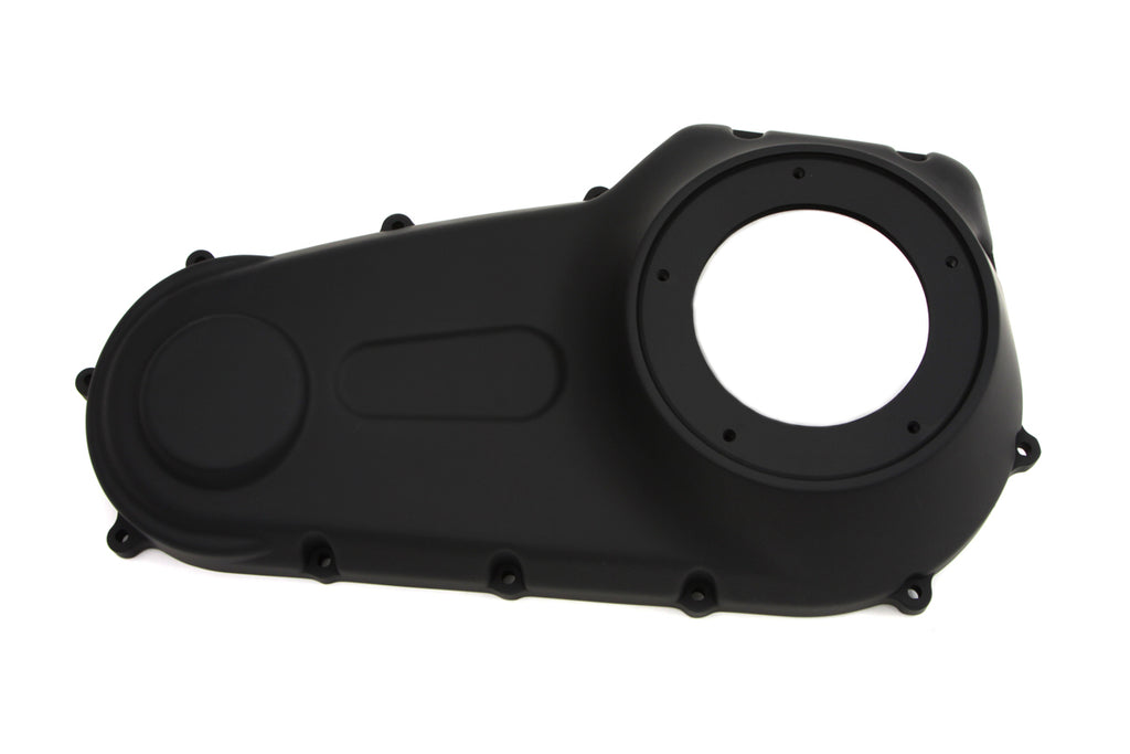 Black V-Twin Factory Sample Outer Primary Cover for V-Twin drive line motorcycle engine, shown on a motorcycle.