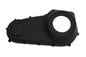 Black V-Twin Factory Sample Outer Primary Cover for V-Twin drive line motorcycle engine, shown on a motorcycle.