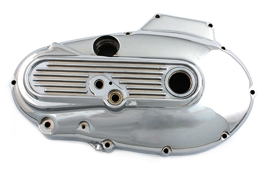 V-Twin chrome outer primary cover for V-Twin drive line, showcasing a shiny, polished finish on a motorcycle component.