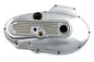 V-Twin chrome outer primary cover for V-Twin drive line, showcasing a shiny, polished finish on a motorcycle component.