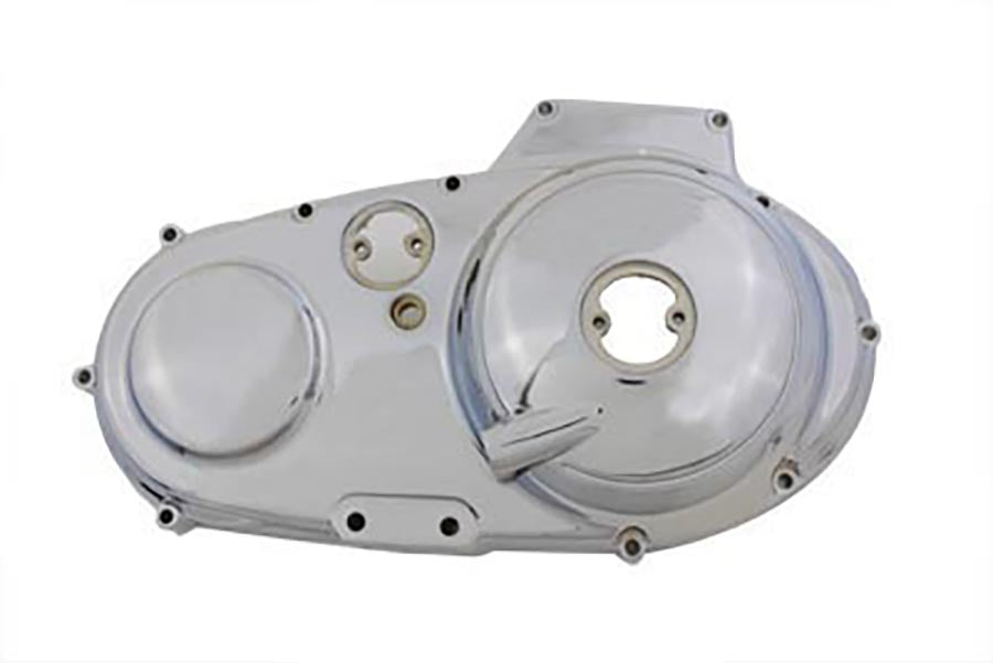 V-Twin chrome outer primary cover for V-Twin drive line, showcasing polished chrome finish and detailed design.