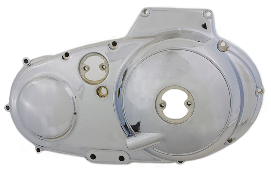 V-Twin chrome outer primary cover for V-twin factory sample drive line, featuring a sleek, polished finish for motorcycle styling