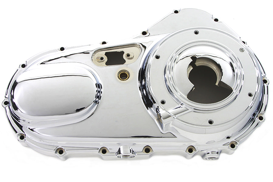 Chrome V-Twin Factory Sample Outer Primary Cover for drive line, showcasing a shiny, polished motorcycle part.