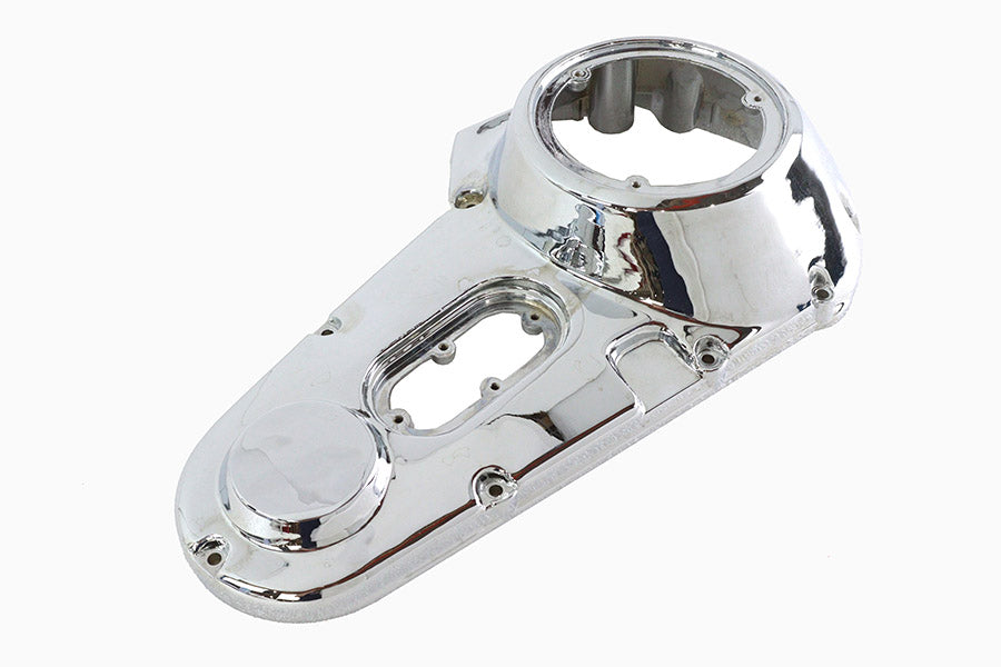 Motorshop factory sample chrome outer primary cover for drive line, chrome finish, robust construction, visible mounting holes.