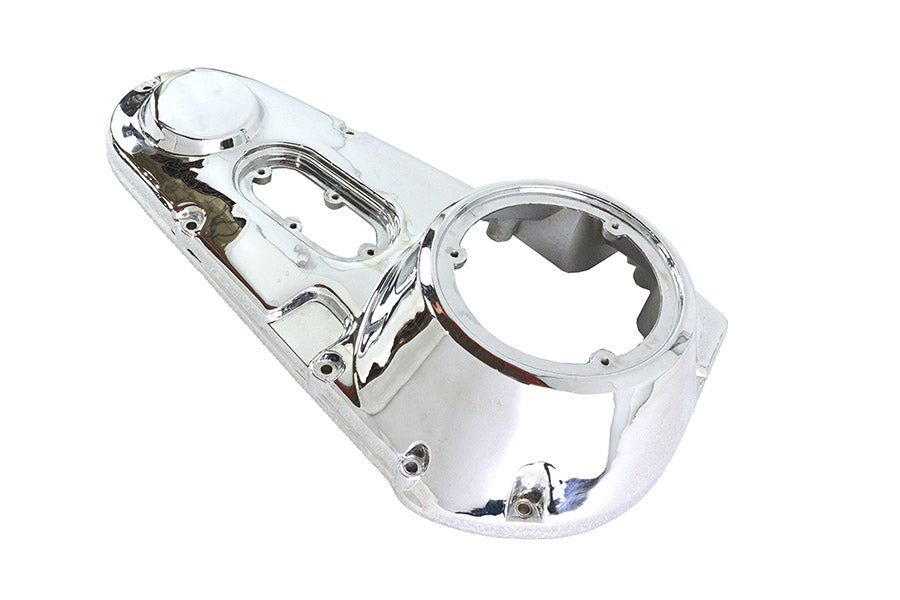 Chrome outer primary cover for drive line from Motorshop, factory sample with a sleek, polished finish.
