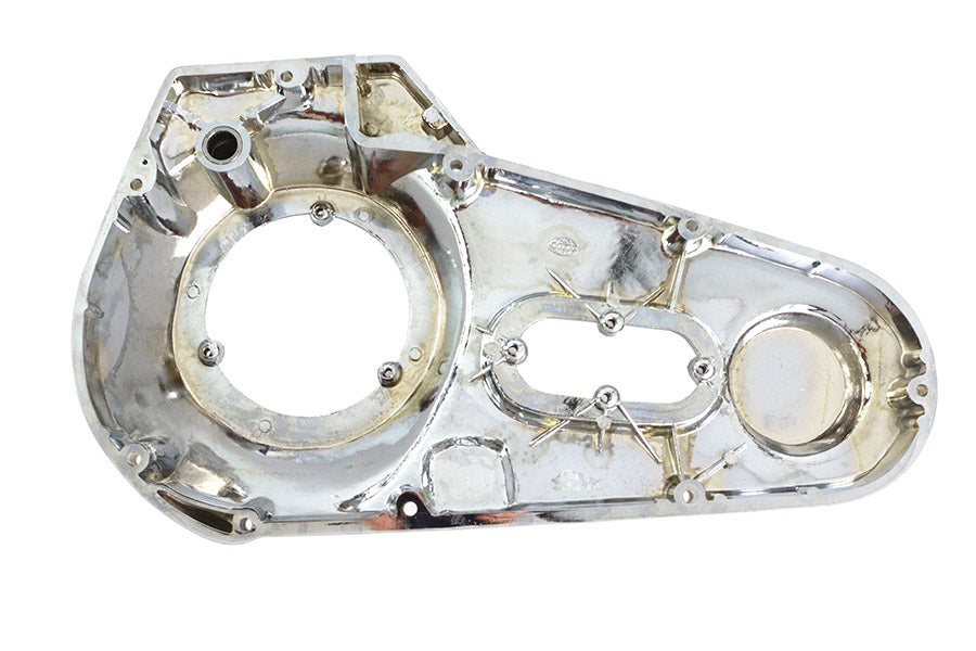 Chrome outer primary cover for motorcycle drive line, factory sample by Motorshop, with a sleek, reflective finish.