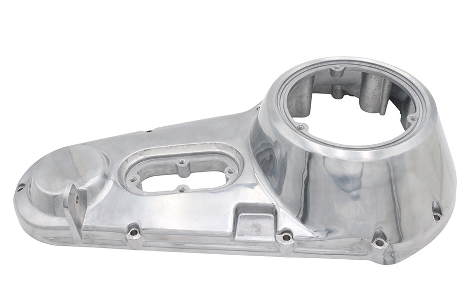 Polished outer primary cover for motorcycle drive line by Motorshop, featuring a sleek, reflective finish with detailed branding.