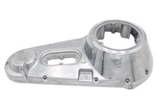 Load image into Gallery viewer, Polished outer primary cover for motorcycle drive line by Motorshop, featuring a sleek, reflective finish with detailed branding.