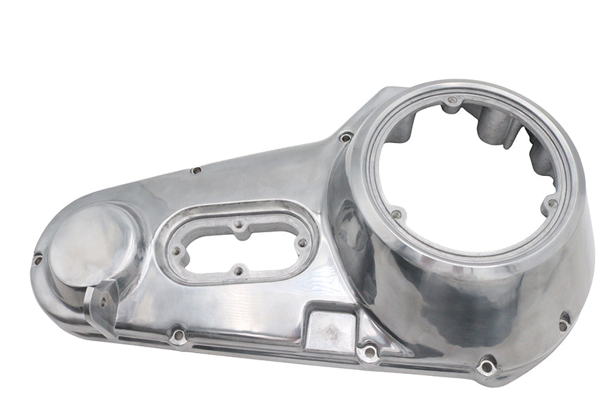 Polished outer primary cover for motorcycle drive line by Motorshop, factory sample with a sleek, reflective finish.