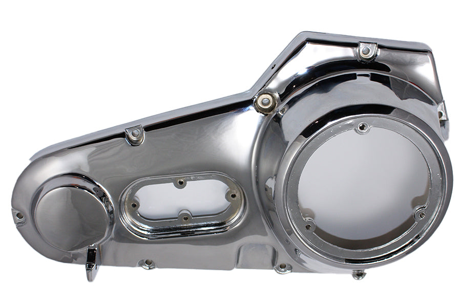 Motorshop factory sample chrome outer primary cover for drive line, showcasing polished metal finish and detailed design.