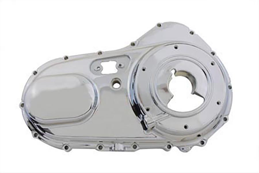 Chrome outer primary cover for motorcycle drive line by Motorshop, showcasing a sleek, factory-style finish with detailed design.