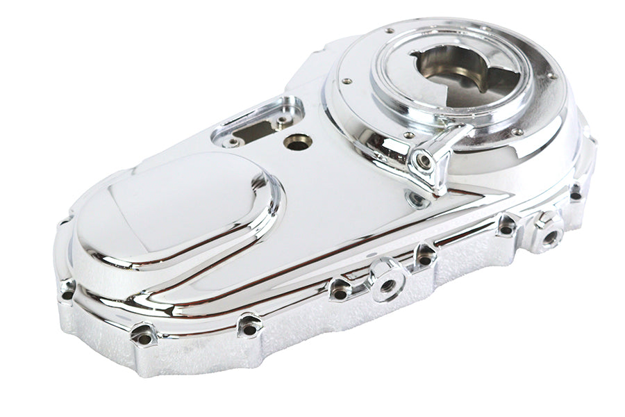 Chrome outer primary drive cover for Harley Davidson motorcycles, factory sample by Motorshop with a sleek, polished finish.