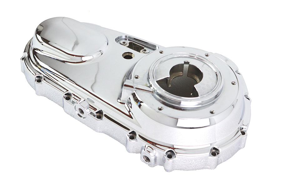 Motorshop factory sample chrome outer primary cover for drive line systems, showcasing a polished, durable motorcycle accessory.