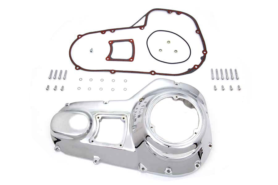 V-TWIN Factory Sample chrome outer primary cover kit for drive line, showcasing polished chrome finish and detailed design.