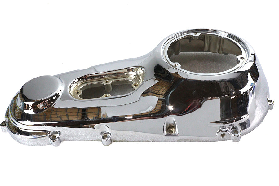 MotorShop factory sample chrome outer primary cover for drive line, made of durable chrome material, designed for motorcycle installation.