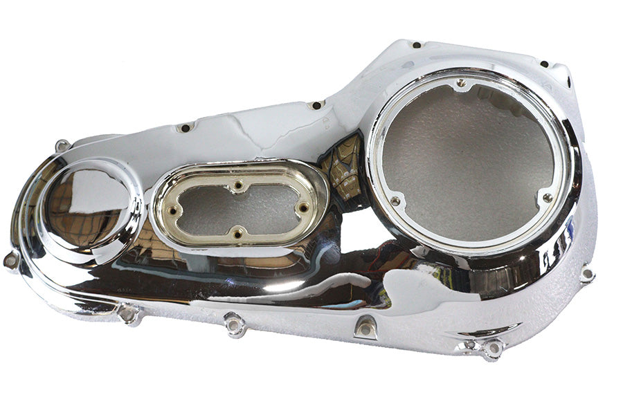 Chrome outer primary cover for motorcycle drive line, factory sample by Motorshop, with polished finish and detailed design.