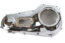 Load image into Gallery viewer, Chrome outer primary cover for motorcycle drive line, factory sample by Motorshop, with polished finish and detailed design.