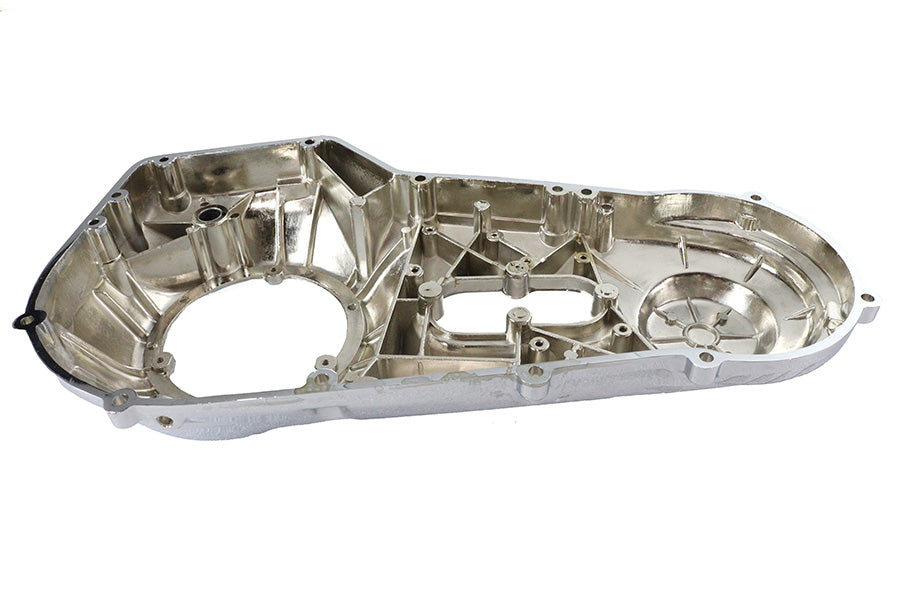 Motorshop factory sample chrome outer primary cover for drive line, showcasing polished metal finish and detailed design.