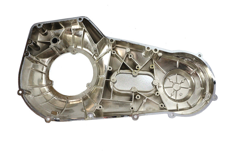 Chrome outer primary cover for Harley Davidson drive line, factory sample from Motorshop, with polished chrome finish and detailed branding.