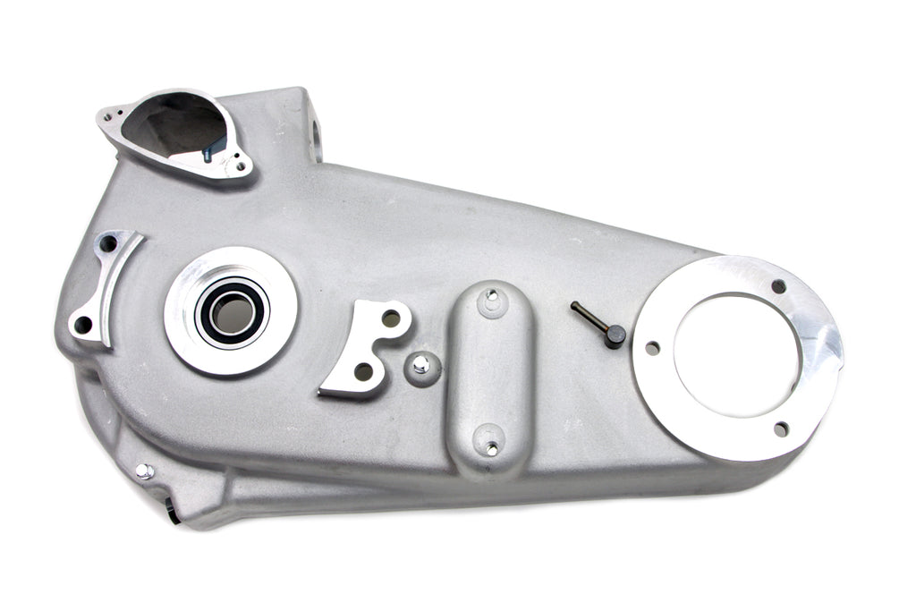 Motorshop Replica Inner Primary Cover for motorcycle drive line, showcasing a chrome finish and detailed design on a black background.