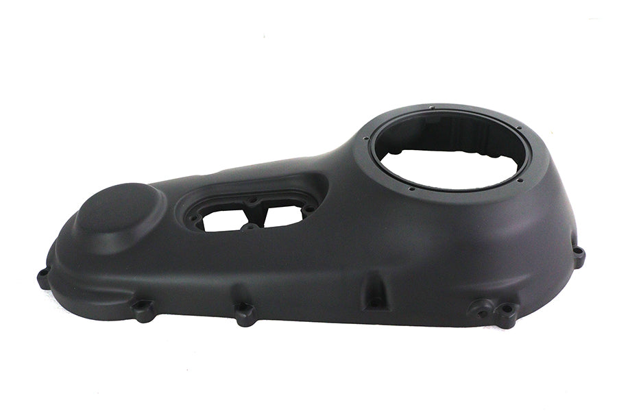 Black MotorShop factory sample outer primary cover for drive line, showcasing durable motorcycle engine component.
