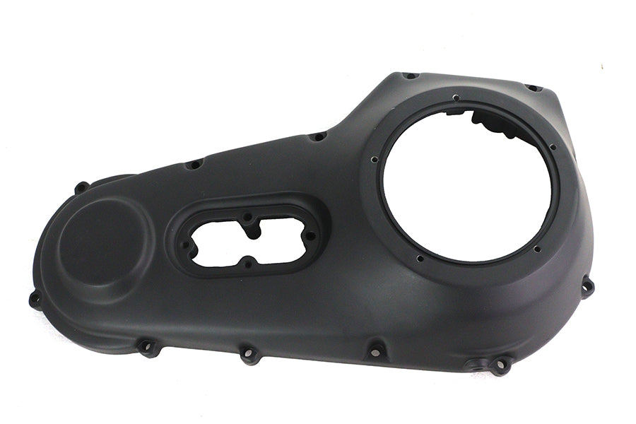Black MotorShop factory sample outer primary cover for motorcycle drive line, showing smooth black finish and detailed design.