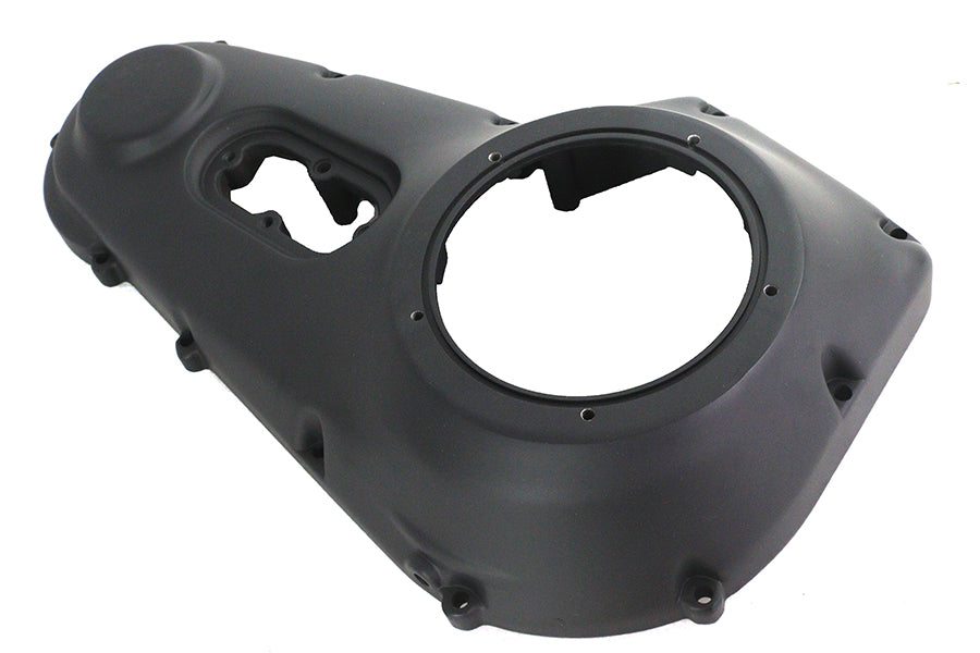 Black MOTORSHOP factory sample outer primary cover for motorcycle drive line, made of durable material.