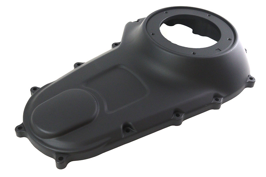 V-Twin Factory Sample Outer Primary Cover in black for V-Twin drive line motorcycle, shown on a motorcycle engine.