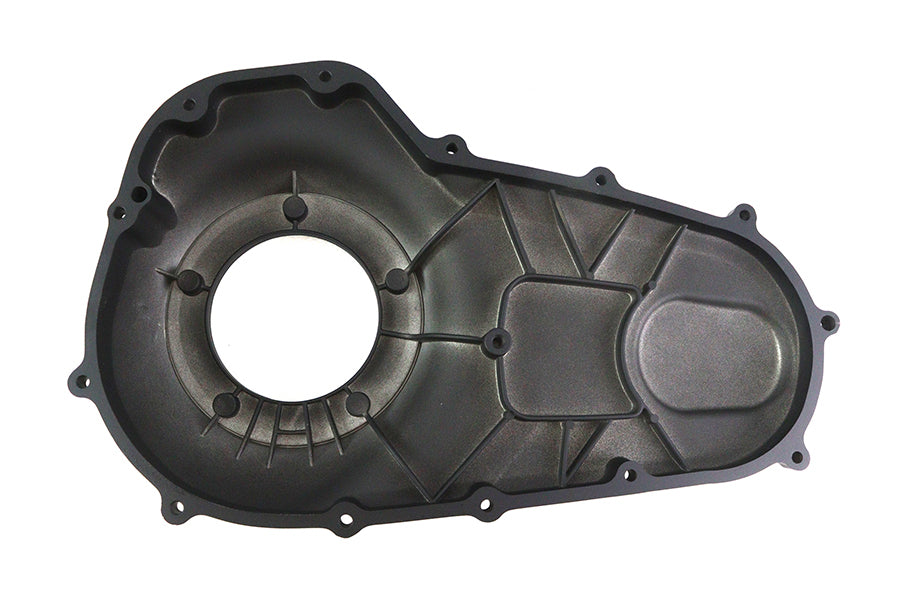 V-Twin Factory Sample Outer Primary Cover in black for V-Twin drive line motorcycle engine component, showcasing sleek black finish.