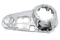 Chrome outer primary cover for motorcycle drive line by Motorshop, factory sample with sleek chrome finish and detailed design.