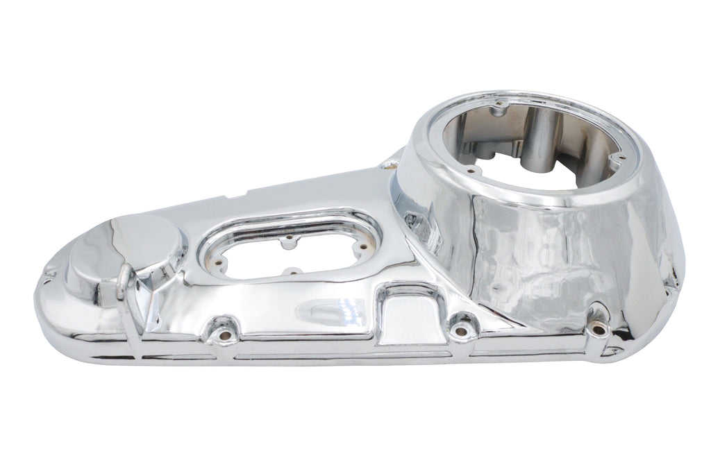 Chrome outer primary cover for drive line from Motorshop, factory sample with a sleek, polished finish.