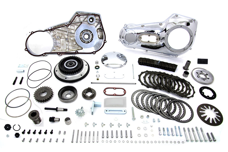 V-Twin primary drive line assembly kit with drive line components, shown on a clean background, designed for motorcycle performance.