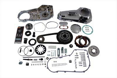 V-Twin primary drive line assembly kit with metal components, including sprockets and clutch parts, for motorcycle drivetrain.
