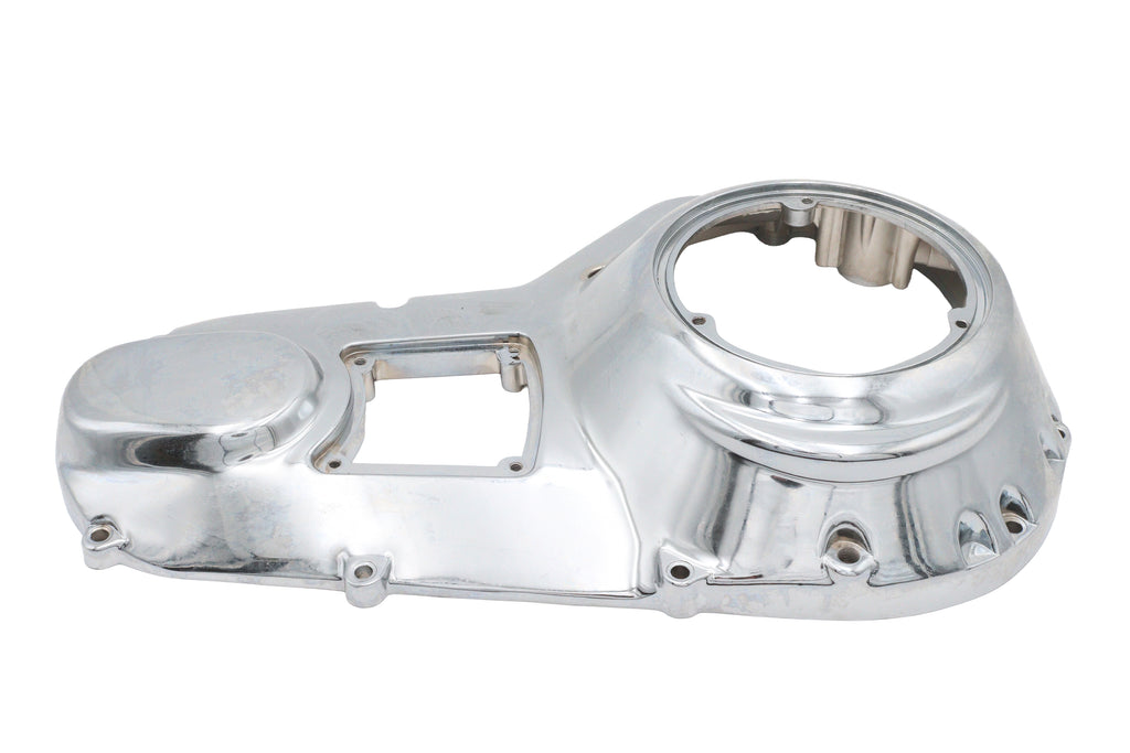 Chrome V-Twin Factory Sample Outer Primary Cover for V-Twin drive line motorcycle, showcasing polished chrome finish and detailed design.