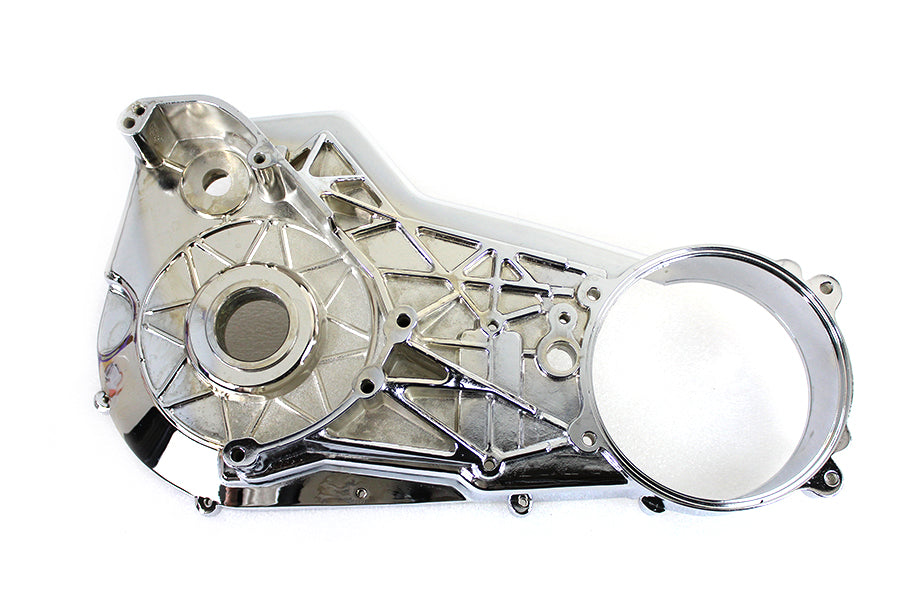 Chrome inner primary cover for motorcycle drive line by Motorshop, showcasing a sleek, polished metal component.