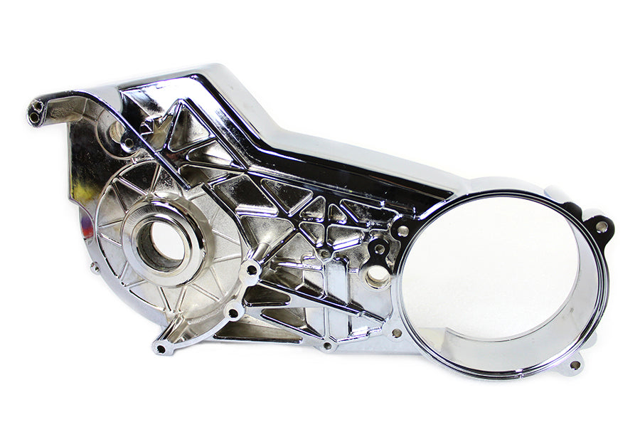 Chrome inner primary cover for Harley-Davidson motorcycle drive line from Motorshop, with a sleek, polished finish.
