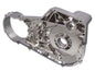 Chrome inner primary cover for motorcycle drive line by Motorshop, showcasing a shiny, polished chrome finish with detailed design accents.