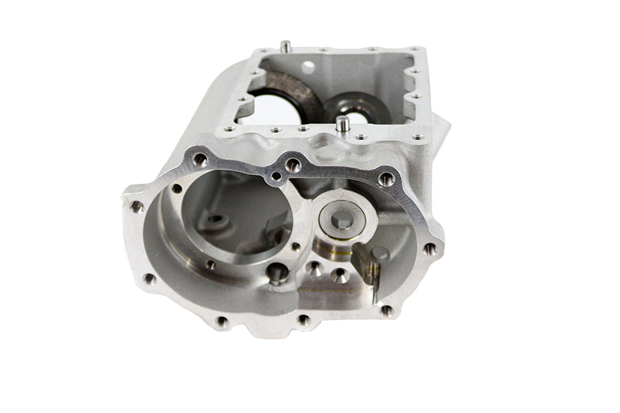 V-Twin factory sample transmission case for motorcycle, featuring metal construction and mounting points, labeled 43-1765b.