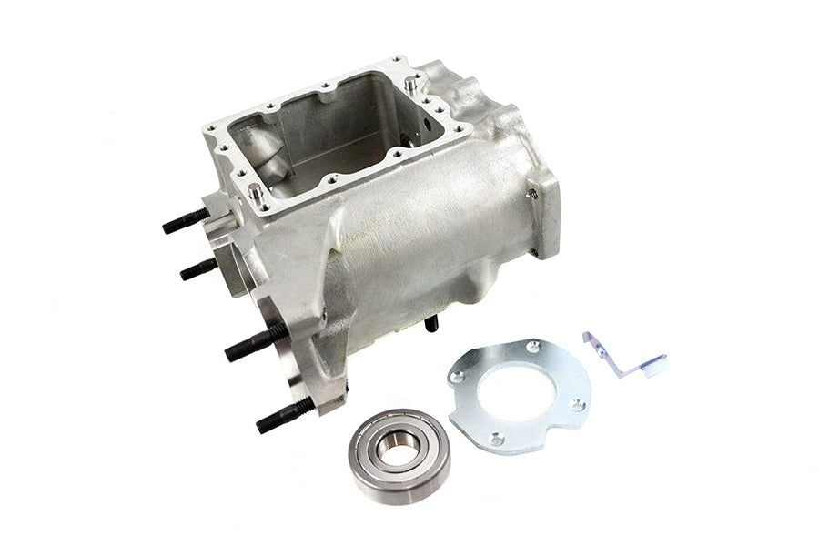 V-Twin factory sample 4-speed transmission gear box showing metal casing and gear components for motorcycle drivetrain.