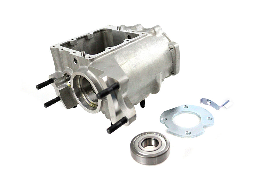 V-Twin factory sample 4-speed transmission gear box showing gear lever and metal casing for motorcycle performance.