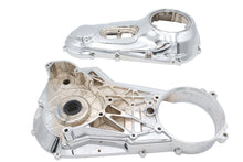 Load image into Gallery viewer, V-Twin chrome primary cover set for drive line, factory sample with polished finish, designed for motorcycle applications.