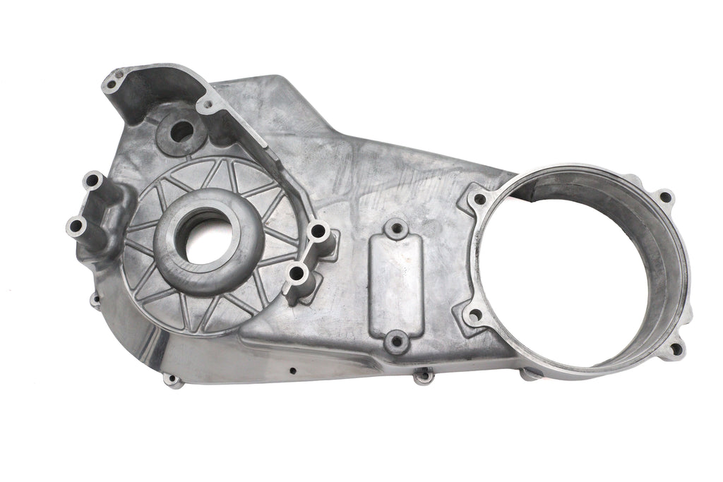 Polished V-Twin Factory Sample Inner Primary Cover for drive line, showing the shiny metal finish and detailed design.